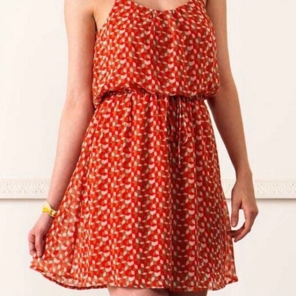 Francesca’s orange mocha and ivory geometric print chiffon dress size small - Picture 1 of 5
